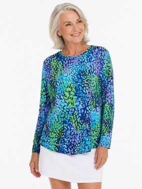 IBKUL Eloise UPF 50+ CoolFeel Long Sleeve Performance Top Blue Green Print Sz XL